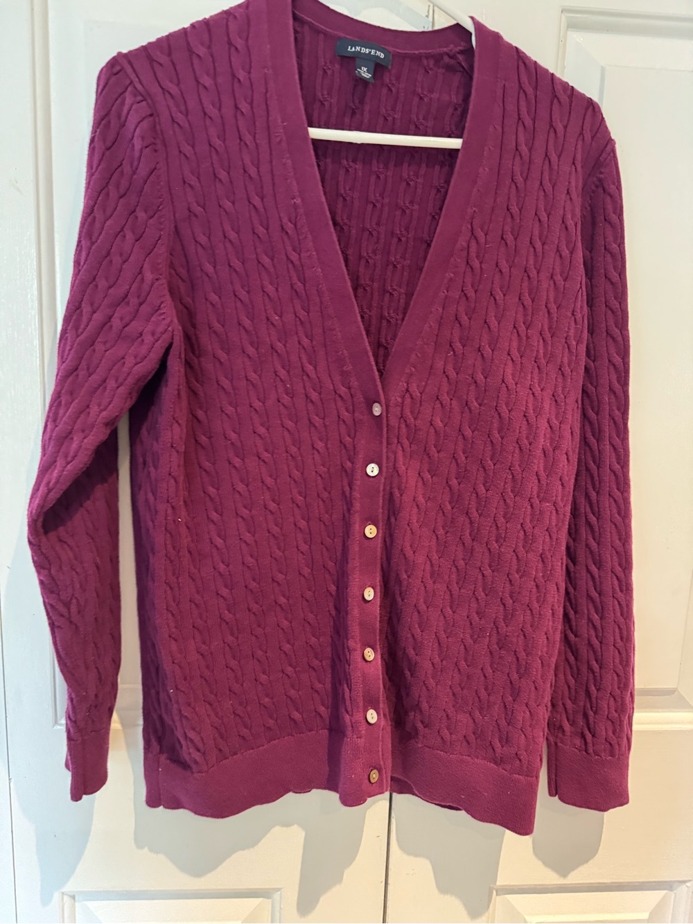 Lands' End Women's Cable-Knit Button Cardigan - Berry